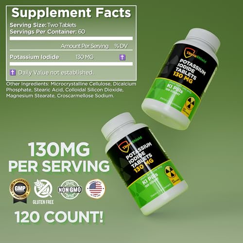 ThyroShield Potassium Iodide Tablets - 130mg Iodine Tablets for Radiation Protection | USA Made Nuclear Fallout Pills KI Pills YODO Naciente 120 Tablets