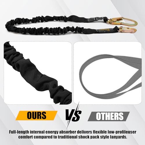 TRSMIMA Safety Harness Lanyard Retractable - Fall Protection Climbing Tree Strap 6 FT Single Leg Internal Shock Absorbing with Hook