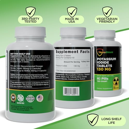 ThyroShield Potassium Iodide Tablets - 130mg Iodine Tablets for Radiation Protection | USA Made Nuclear Fallout Pills KI Pills YODO Naciente 120 Tablets
