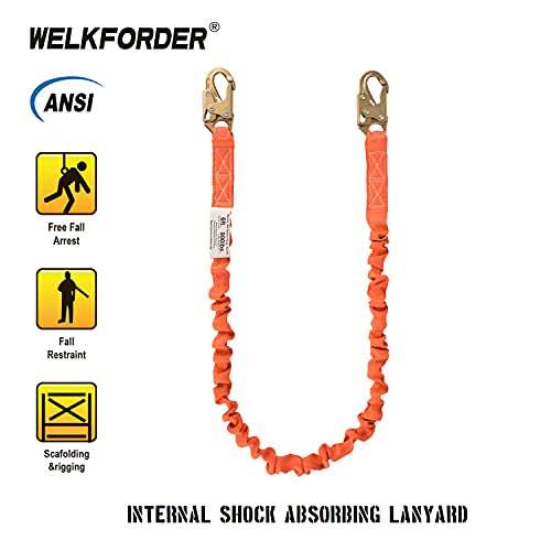 WELKFORDER 6-Foot Internal Shock Absorbing Safety Lanyard with Double Forging Snap Hook Connectors ANSI Z359.13-2013 Compliant Fall Protection Equipment (1 Pack)