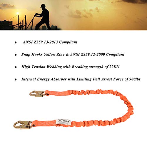 WELKFORDER 6-Foot Internal Shock Absorbing Safety Lanyard with Double Forging Snap Hook Connectors ANSI Z359.13-2013 Compliant Fall Protection Equipment (1 Pack)