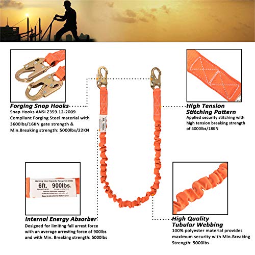 WELKFORDER 6-Foot Internal Shock Absorbing Safety Lanyard with Double Forging Snap Hook Connectors ANSI Z359.13-2013 Compliant Fall Protection Equipment (1 Pack)