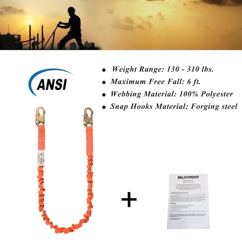 WELKFORDER 6-Foot Internal Shock Absorbing Safety Lanyard with Double Forging Snap Hook Connectors ANSI Z359.13-2013 Compliant Fall Protection Equipment (1 Pack)
