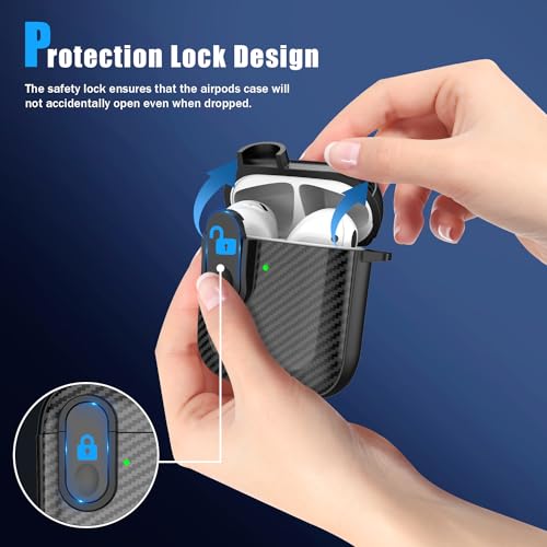 RFUNGUANGO for AirPods Case Cover with Cleaning kit, Anti-Fall Lock Design, Powerful Drop Protection, Carbon Fiber Black for Apple AirPods 2nd 1st Generation Charging Case,Black