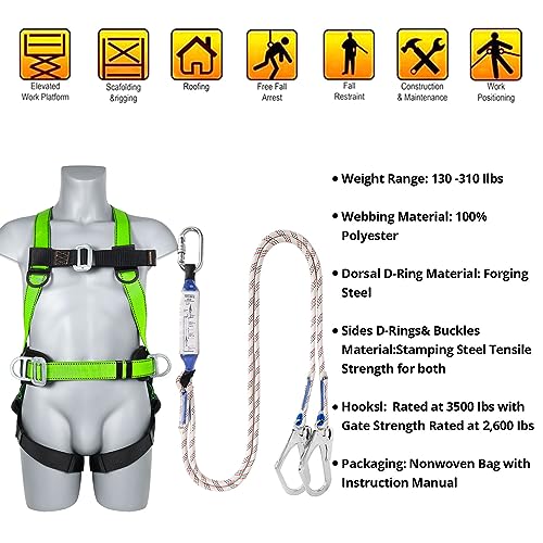 TT TRSMIMA Safety Harness Fall Protection Kit: Full Body Roofing harnesses with Shock Absorbing Lanyard - Updated Comfortable Waist Pad Light Green