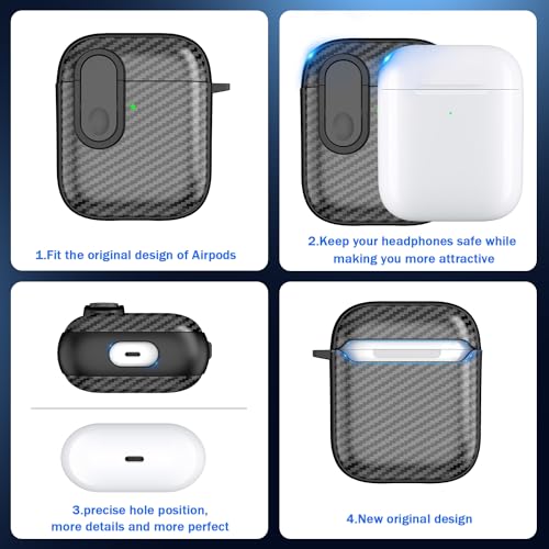 RFUNGUANGO for AirPods Case Cover with Cleaning kit, Anti-Fall Lock Design, Powerful Drop Protection, Carbon Fiber Black for Apple AirPods 2nd 1st Generation Charging Case,Black