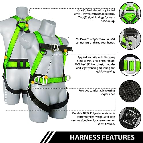 TT TRSMIMA Safety Harness Fall Protection Kit: Full Body Roofing harnesses with Shock Absorbing Lanyard - Updated Comfortable Waist Pad Light Green