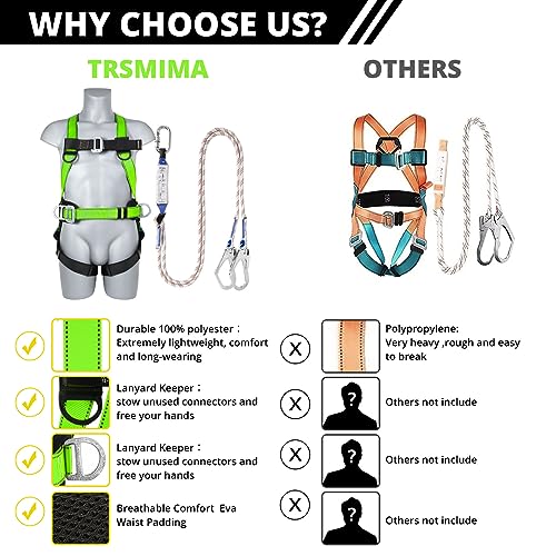 TT TRSMIMA Safety Harness Fall Protection Kit: Full Body Roofing harnesses with Shock Absorbing Lanyard - Updated Comfortable Waist Pad Light Green