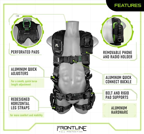 FRONTLINE FALL PROTECTION 250CTB Elite™ Construction Harness | Aluminum Hardware | Suspension Trauma Straps | Reflective Trim| Perforated Pads| OSHA&ANSI (Size:M/L)