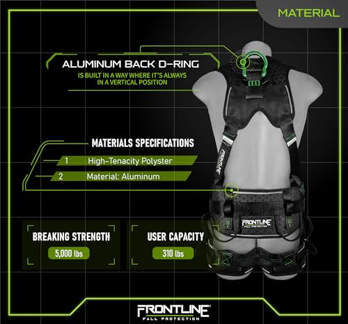 FRONTLINE FALL PROTECTION 250CTB Elite™ Construction Harness | Aluminum Hardware | Suspension Trauma Straps | Reflective Trim| Perforated Pads| OSHA&ANSI (Size:M/L)