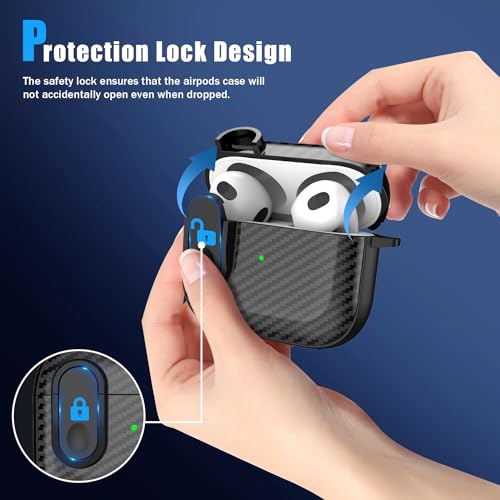 RFUNGUANGO for AirPods 3 Case Cover, Anti-Fall Lock Design, Powerful Drop Protection, Carbon Fiber Black for Apple AirPods 3rd Generation Charging Case(2021)- Black