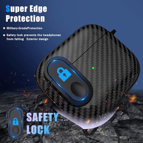 RFUNGUANGO for AirPods 3 Case Cover, Anti-Fall Lock Design, Powerful Drop Protection, Carbon Fiber Black for Apple AirPods 3rd Generation Charging Case(2021)- Black