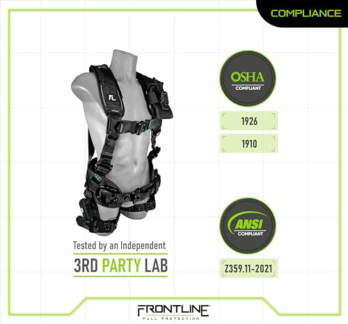 FRONTLINE FALL PROTECTION 250CTB Elite™ Construction Harness | Aluminum Hardware | Suspension Trauma Straps | Reflective Trim| Perforated Pads| OSHA&ANSI (Size:M/L)