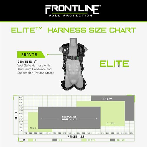 FRONTLINE FALL PROTECTION 250CTB Elite™ Construction Harness | Aluminum Hardware | Suspension Trauma Straps | Reflective Trim| Perforated Pads| OSHA&ANSI (Size:M/L)