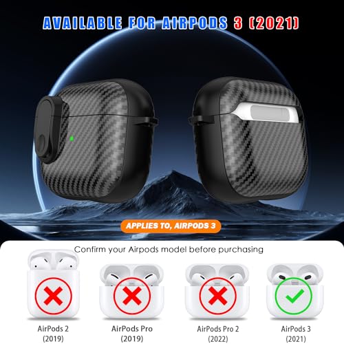 RFUNGUANGO for AirPods 3 Case Cover, Anti-Fall Lock Design, Powerful Drop Protection, Carbon Fiber Black for Apple AirPods 3rd Generation Charging Case(2021)- Black
