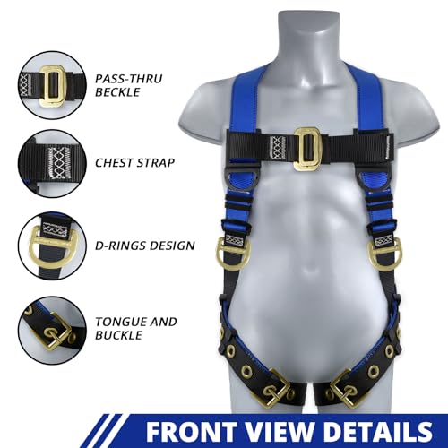 TRSMIMA Safety Harness Fall Protection - Men Full Body Construction Roofing Work Belt with 5 Point Adjustment Back D-Ring Grommet Legs OSHA ANSI