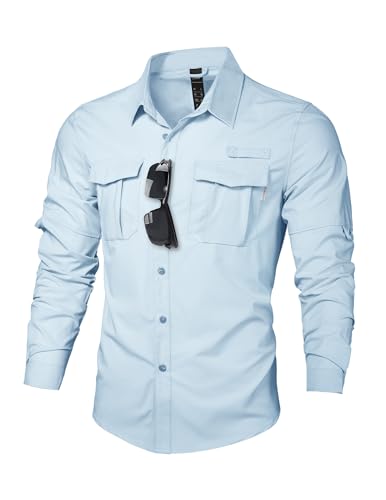 Haimont Men's UPF 50+ Fishing Shirts Long Sleeve Sun Protection Shirt for Travel Camping Hiking Waterfall Blue L
