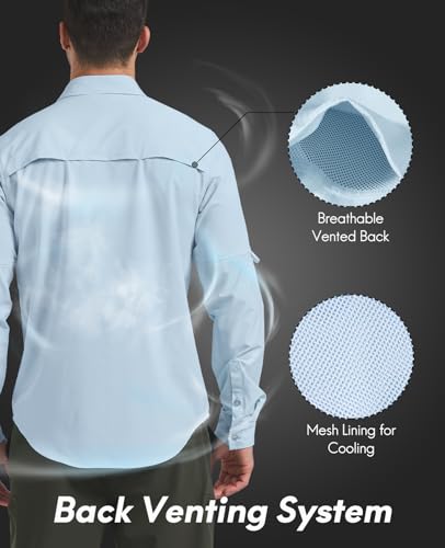 Haimont Men's UPF 50+ Fishing Shirts Long Sleeve Sun Protection Shirt for Travel Camping Hiking Waterfall Blue L