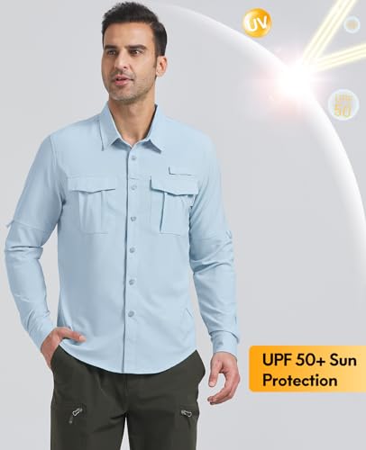 Haimont Men's UPF 50+ Fishing Shirts Long Sleeve Sun Protection Shirt for Travel Camping Hiking Waterfall Blue L