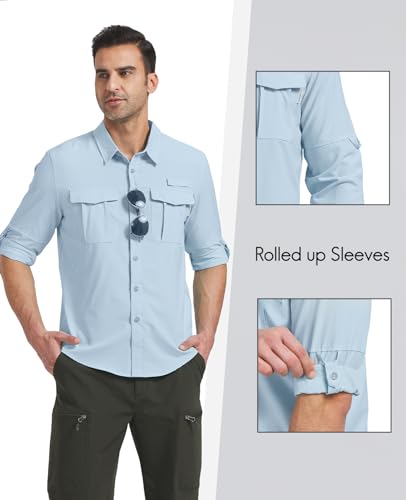 Haimont Men's UPF 50+ Fishing Shirts Long Sleeve Sun Protection Shirt for Travel Camping Hiking Waterfall Blue L