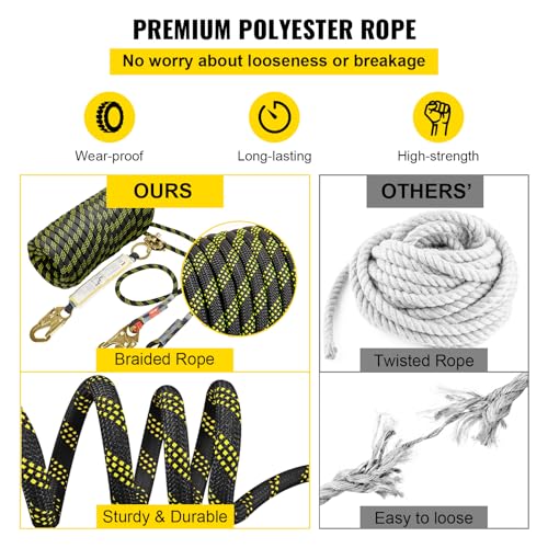 VEVOR Climbing Rope, Fall Protection Safety Rope, 25 50 100 150ft Vertical Tree Stand safety Rope Line Kit Safety Harness for Roofing Work with Alloy Steel Rope Grab, Two Snap Hooks, Shock Absorber