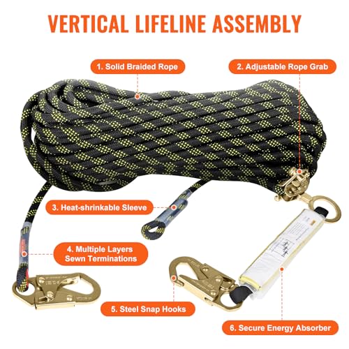 VEVOR Climbing Rope, Fall Protection Safety Rope, 25 50 100 150ft Vertical Tree Stand safety Rope Line Kit Safety Harness for Roofing Work with Alloy Steel Rope Grab, Two Snap Hooks, Shock Absorber