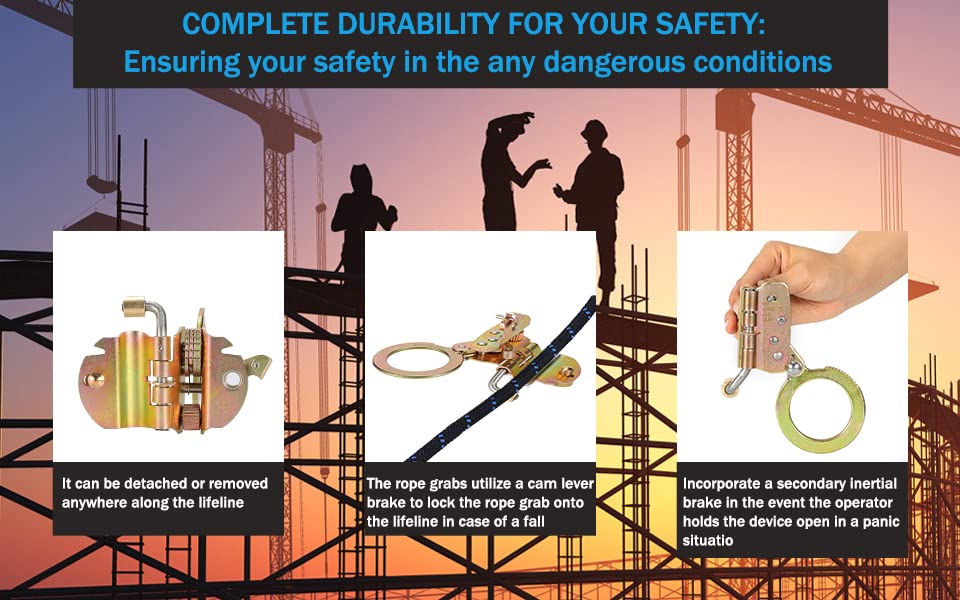 FHFallArrest Fall Protection Rope Grab with Anti-Panic Feature, Auto-Trail Double Locking Rope Grabs Fall Arrester, Used with 5/8” Lifeline Rope, for Construction, Climbing, Comply to ANSI/OSHA