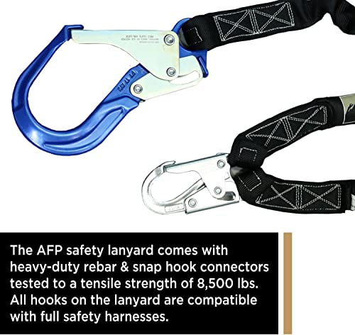 AFP 6FT Double Leg Internal Shock Absorbing Safety Fall Protection Lanyard with Dual Aluminum Pelican Rebar & Steel Snap Hook |Heavy-Duty Webbing | OSHA & ANSI Rated (Aluminum)