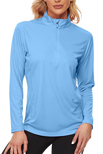 KINGFEN Long Sleeve SPF Shirts for Women Sun UV Protection Quick Dry Rash Guard T Shirt UPF 50+ Hiking Half-Zip Swim Shirts Running Workout Athletic Tops Outdoor Clothing Waterfall Blue Large