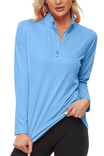 KINGFEN Long Sleeve SPF Shirts for Women Sun UV Protection Quick Dry Rash Guard T Shirt UPF 50+ Hiking Half-Zip Swim Shirts Running Workout Athletic Tops Outdoor Clothing Waterfall Blue Large
