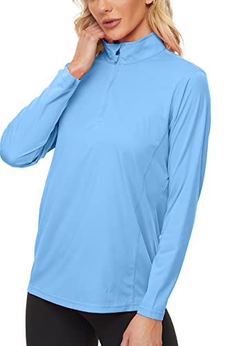 KINGFEN Long Sleeve SPF Shirts for Women Sun UV Protection Quick Dry Rash Guard T Shirt UPF 50+ Hiking Half-Zip Swim Shirts Running Workout Athletic Tops Outdoor Clothing Waterfall Blue Large