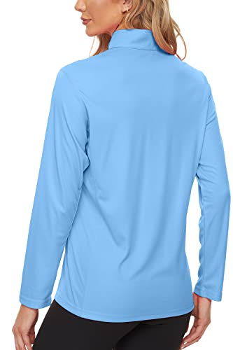 KINGFEN Long Sleeve SPF Shirts for Women Sun UV Protection Quick Dry Rash Guard T Shirt UPF 50+ Hiking Half-Zip Swim Shirts Running Workout Athletic Tops Outdoor Clothing Waterfall Blue Large