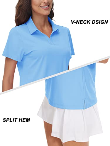 TACVASEN Womens Polo Shirts V-Neck Polos UPF 50+ Short Sleeve Golf Shirt for Work UV Protection Collared Shirt, Waterfall Blue, M