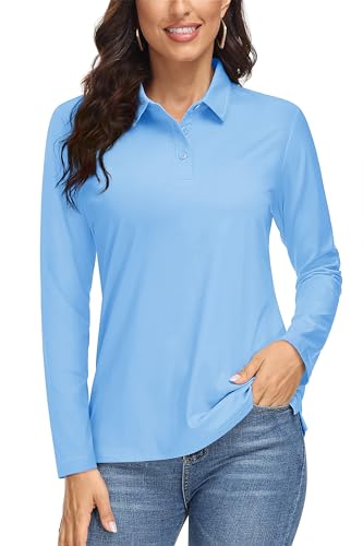 MAGCOMSEN Collared Shirt Women Long Sleeve Golf Shirts Sun Protection Casual Outdoor T Shirt Waterfall Blue M