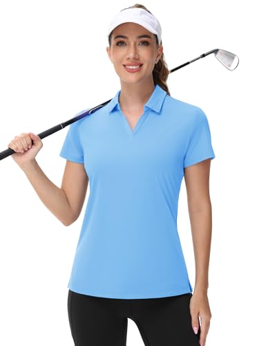 TACVASEN Womens Polo Shirts V-Neck Polos UPF 50+ Short Sleeve Golf Shirt for Work UV Protection Collared Shirt, Waterfall Blue, M