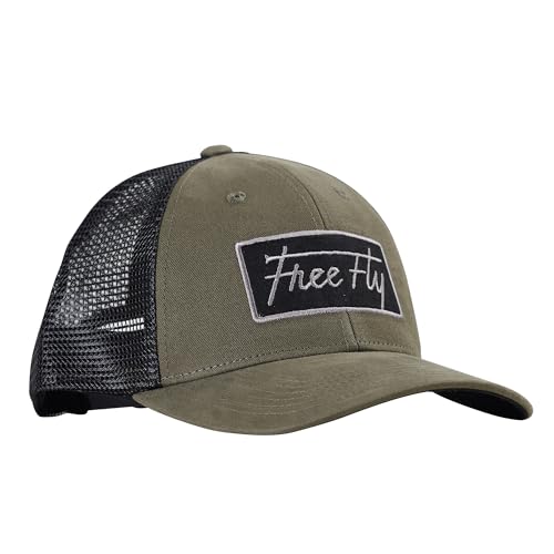 Free Fly Pusher Script Trucker Hat, for Men and Women - Mesh with Adjustable Back Closure - Fall Essentials, Beach Essentials, Year Round Sun Protection - Baseball Cap Trucker Hats - Fatigue, Medium