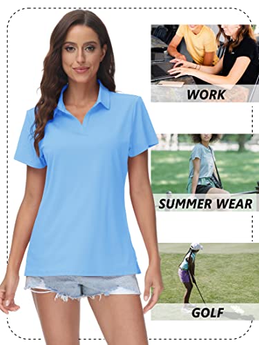 TACVASEN Womens Polo Shirts V-Neck Polos UPF 50+ Short Sleeve Golf Shirt for Work UV Protection Collared Shirt, Waterfall Blue, M