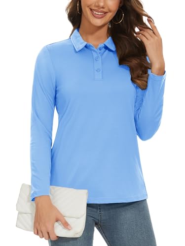 MAGCOMSEN Collared Shirt Women Long Sleeve Golf Shirts Sun Protection Casual Outdoor T Shirt Waterfall Blue M