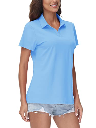 TACVASEN Womens Polo Shirts V-Neck Polos UPF 50+ Short Sleeve Golf Shirt for Work UV Protection Collared Shirt, Waterfall Blue, M