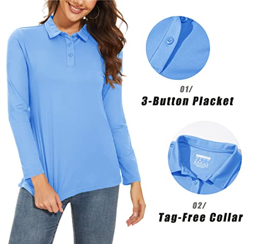 MAGCOMSEN Collared Shirt Women Long Sleeve Golf Shirts Sun Protection Casual Outdoor T Shirt Waterfall Blue M