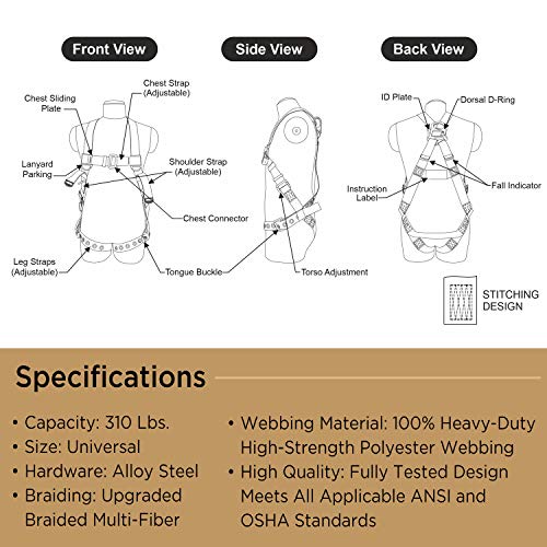 AFP Universal Full-Body Fall Protection Safety Harness w/Dorsal D-Ring Tongue Buckle Legs Hi-Viz Green, Shock Absorbing Lanyard (OSHA/ANSI Rated) (1 Pack, Harness + Single Leg Lanyard w/Snap Hooks)