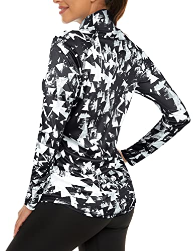 LURANEE Womens Long Sleeve Tops,Workout Jackets Uv Protection Golf Polo Hiking Clothes Running Tshirt Yoga Pullover 1/4 Zip Athletic Jackets Fall Peroformance Geometry Black X-Large