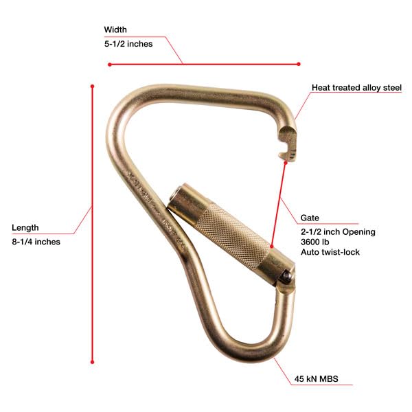 WestFall Pro 7430 Steel Carabiner – 8-1/4” x 5-1/2” – 45 kN, 3,600 lbs. – ANSI Compliant, Construction Accessories, Heat Treated Alloy Steel, Auto Twist Lock, Fall Protection Carabiner Clip