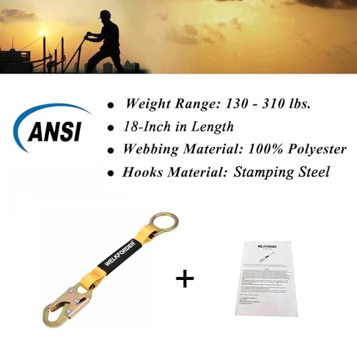 WELKFORDER 18-Inch D-Ring Extender Fall Protection with Snap Hook Connector and "O" Ring ANSI Compliant