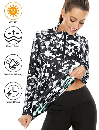 LURANEE Womens Long Sleeve Tops,Workout Jackets Uv Protection Golf Polo Hiking Clothes Running Tshirt Yoga Pullover 1/4 Zip Athletic Jackets Fall Peroformance Geometry Black X-Large