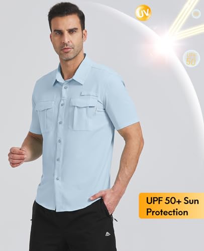 Haimont Men's Travel Work Shirts UPF50+ Sun Protection Shirts Fishing Short Sleeve Shirts with Pockets Waterfall Blue 2XL
