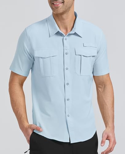 Haimont Men's Travel Work Shirts UPF50+ Sun Protection Shirts Fishing Short Sleeve Shirts with Pockets Waterfall Blue 2XL