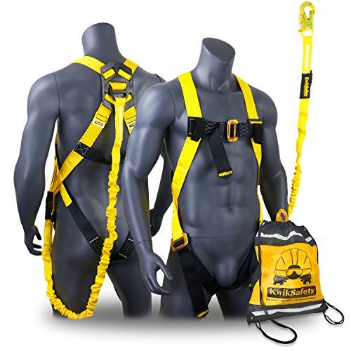 KwikSafety - Charlotte, NC - SCORPION Safety Harness [w/attached 6ft. Tubular Lanyard on back] OSHA ANSI Fall Protection INTERNAL Shock Absorbing Lanyard/Construction Carpenter Scaffolding