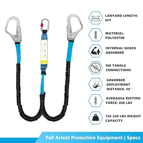 6ft Internal Shock Absorbing Safety Lanyard with Double Snap Hook Connectors, Fall Protection Equipment