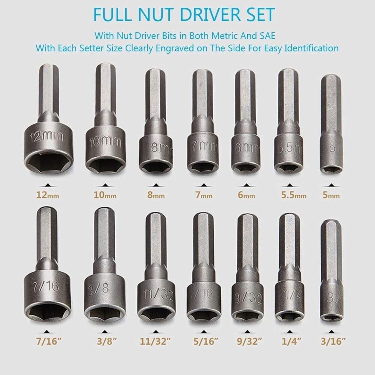 14pc POWER NUT Driver Bit Set Dual 1/4 Quick Change SAE & Metric MM Detent Shank
